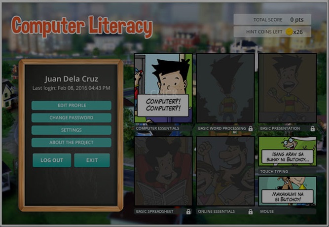 Screenshot of CLICK Menu Screen that with the student profile and core modules: Computer Essentials, Basic Word Processing, Basic Presentation, Basic Spreadsheet, Online Esentials, Mouse and Typing Training